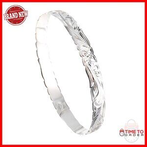 Sterling Silver Bangle Bracelet Elegant Hawaiian Plumeria Flower Cut Out Wave